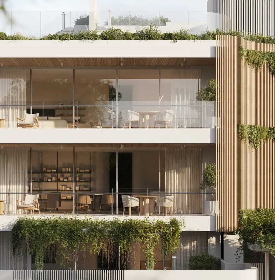 Close-up view of luxury apartment balconies with glass railings, wooden accents, and greenery, highlighting a blend of modern design and natural elements