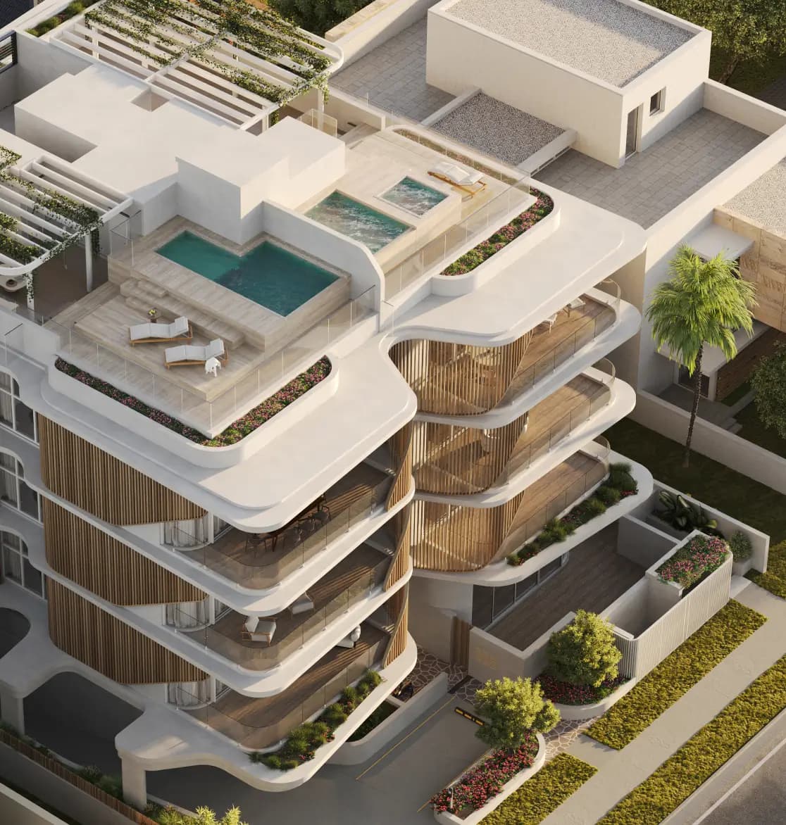 Aerial view of a modern building with sleek architecture, featuring a rooftop garden with lush greenery, outdoor seating, and a small pool, set in a peaceful neighbourhood.