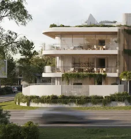 Street view of a contemporary luxury building with a unique facade design, surrounded by greenery and showcasing a blend of modern architecture and natural elements.