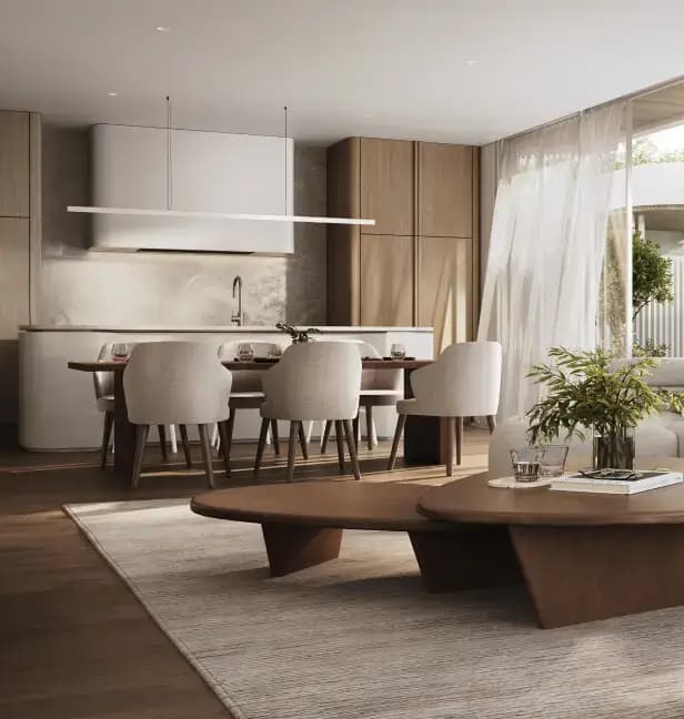 Sophisticated dining room with a minimalist design, showcasing a large wooden dining table, contemporary chairs, and floor-to-ceiling windows for abundant natural light.