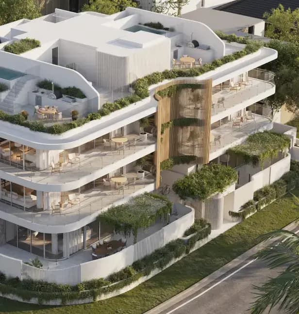 Aerial view of a modern luxury apartment building with spacious balconies, green rooftop spaces, and sleek architectural lines, offering an elegant and eco-friendly living experience.